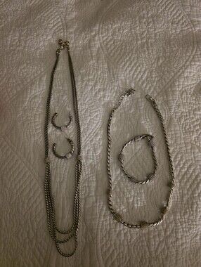 Brighton Silver-Tone Multi-Strand Necklace Set with Hoop Earrings